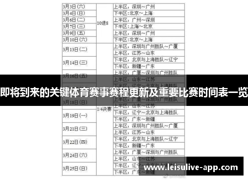 即将到来的关键体育赛事赛程更新及重要比赛时间表一览